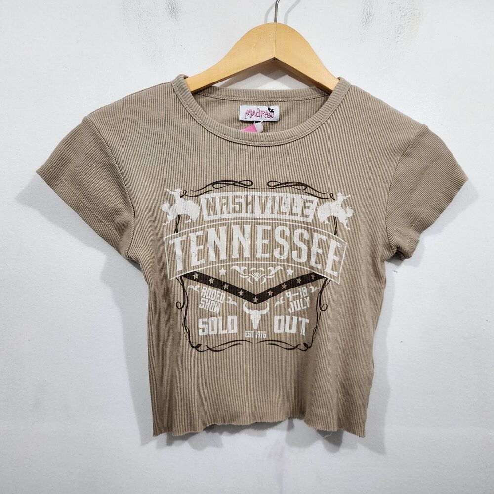 Madrag short-sleeve cropped baby tee Western Nashville Stretch Ribbed Knit Sz S